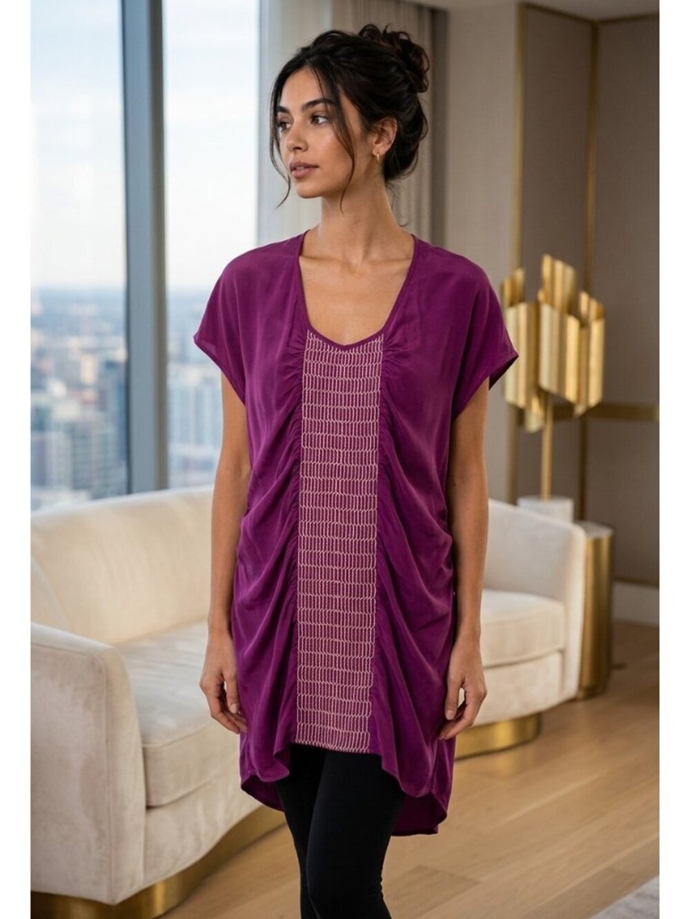 GEREN FORD 100% SILK PURPLE RUCHED TUNIC DRESS